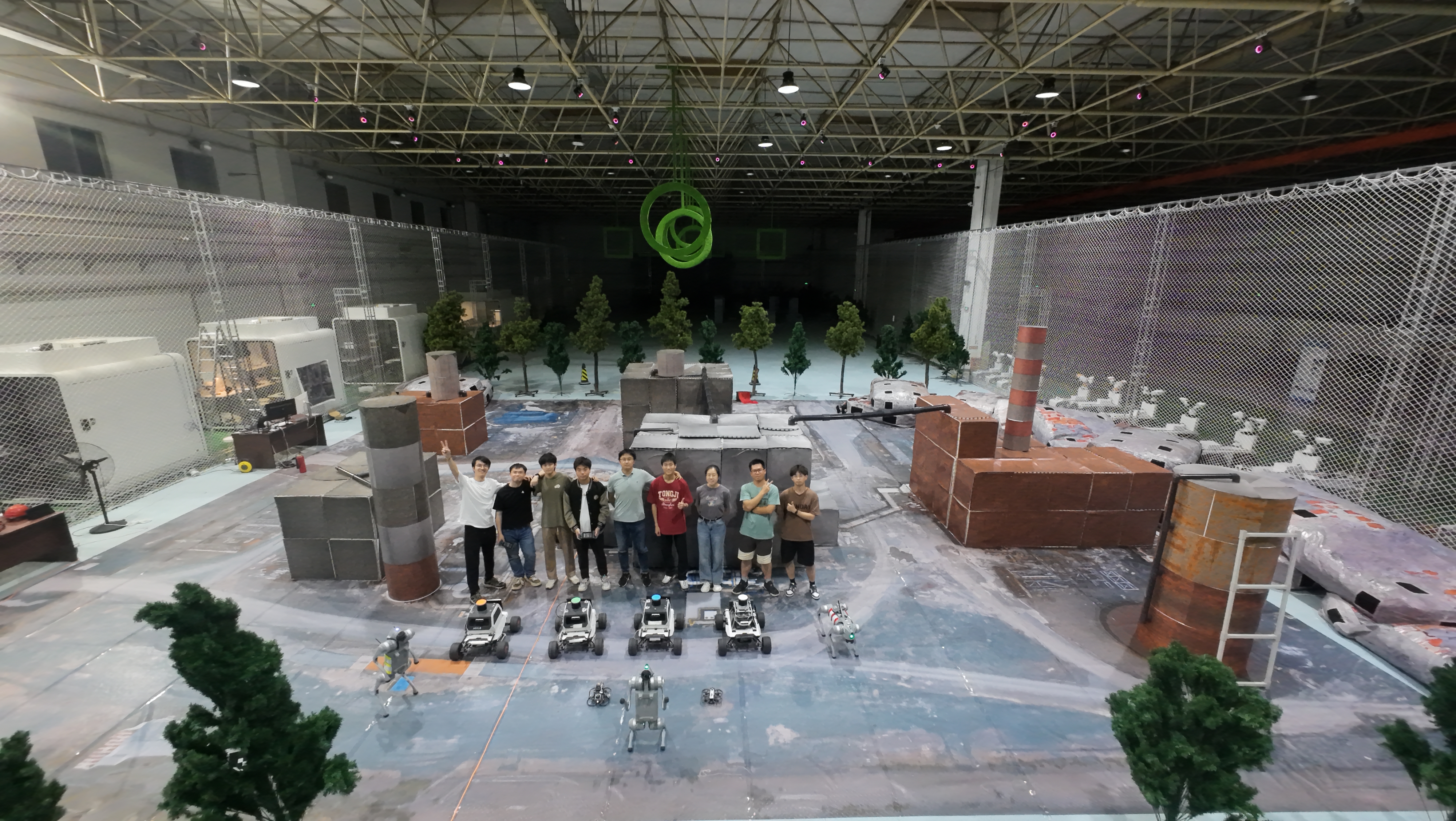 Research team and mobile robots in a large indoor human-swarm collaboration experiment